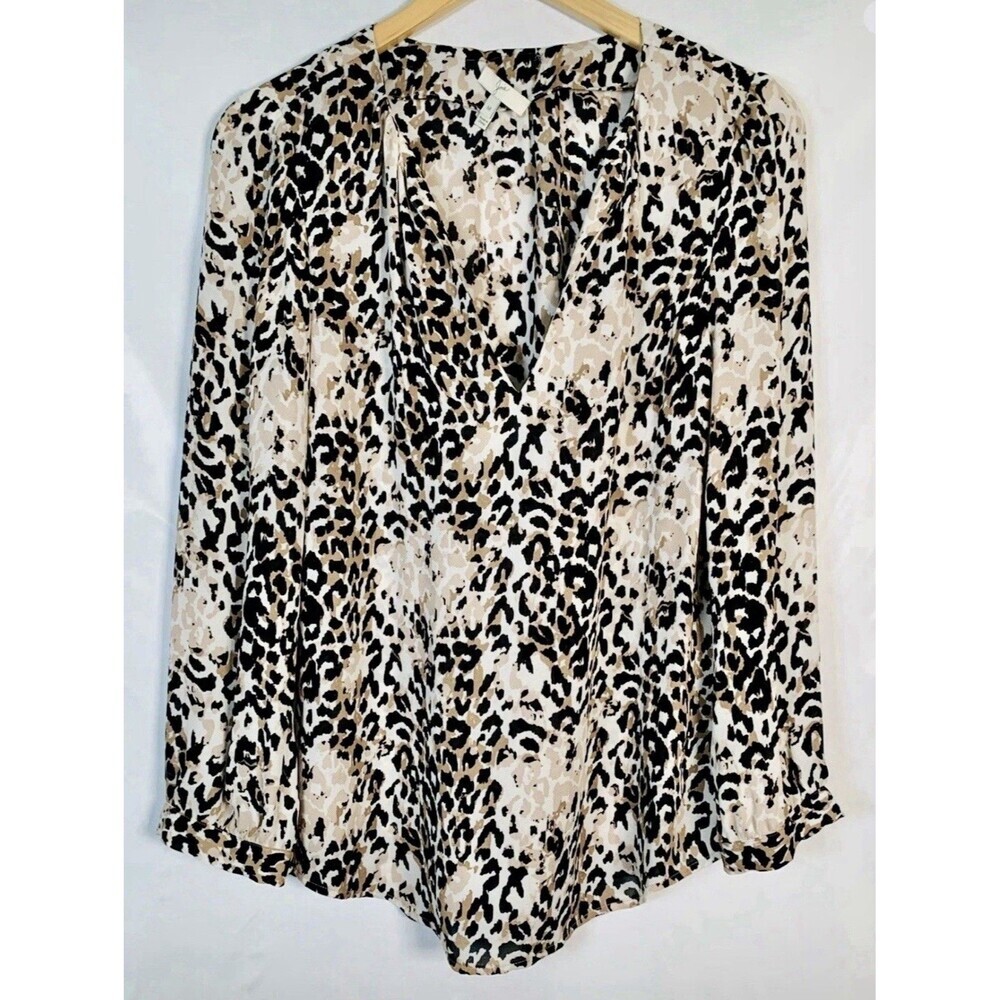 Joie Amone Silk Black Creme Brown Leopard Animal Print Top Blouse Size Medium